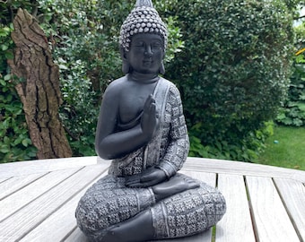 Artificial stone Buddha 33 cm tall figure garden statue stone look black silver concrete grey