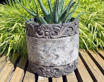 Jardinière en béton antique floral aspect usé pot de fleurs shabby chic rustique