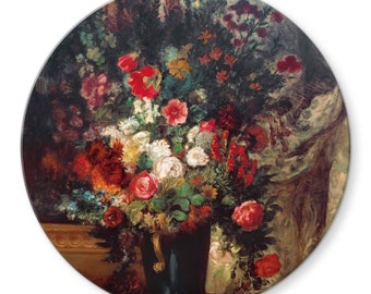 Glas Wandbild Rund Glasbild bedruckt Barock Rosen Delacroix Blumen Vase