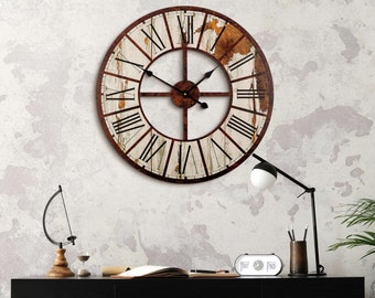 Horloge murale en bois XL, horloge de maison de campagne, horloge à quartz industrielle sans bruit de tic-tac