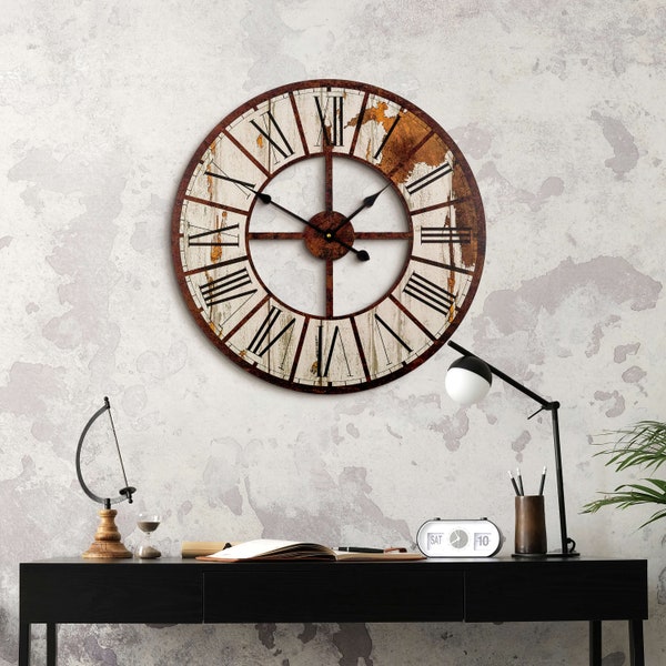 Horloge murale en bois XL, horloge de maison de campagne, horloge à quartz industrielle sans bruit de tic-tac