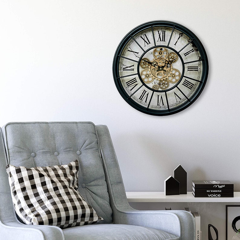 Grande horloge murale vintage à engrenages rotatifs silencieuse XXL pour salon en verre sans bruit de tic-tac image 7
