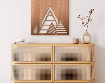 Geometrische bergen gemaakt van hout, bergwandafbeelding in de woonkamer, houten decoratie
