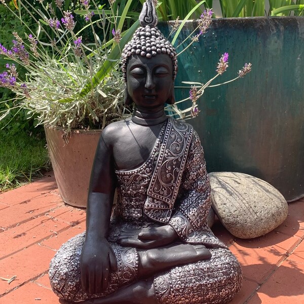 Kunststein Buddhastatue Schwarz-Silber / Betongrau 46cm große Figur Geschenk Wintergarten