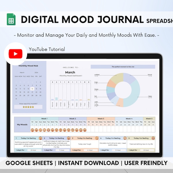 Digital Mood Journal Spreadsheet, Google Sheet Tracker, Mood Tracker, Digital Mood Tracker, Mood Chart, Emotion Tracker