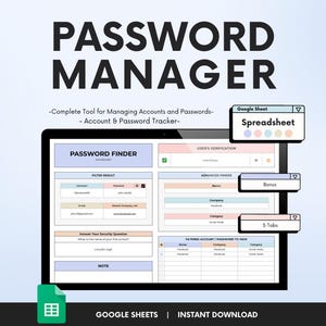 Google Sheets Password Manager: Password Keeper, Password Log Book, Account Login Keeper, Account Details Log