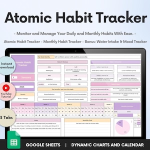 ATOMIC HABIT Tracker Google sheet Worksheets, Atomic Habits & Goals sheet, Digital Habit Spreadsheet, Water Intake Tracker and Mood Tracker