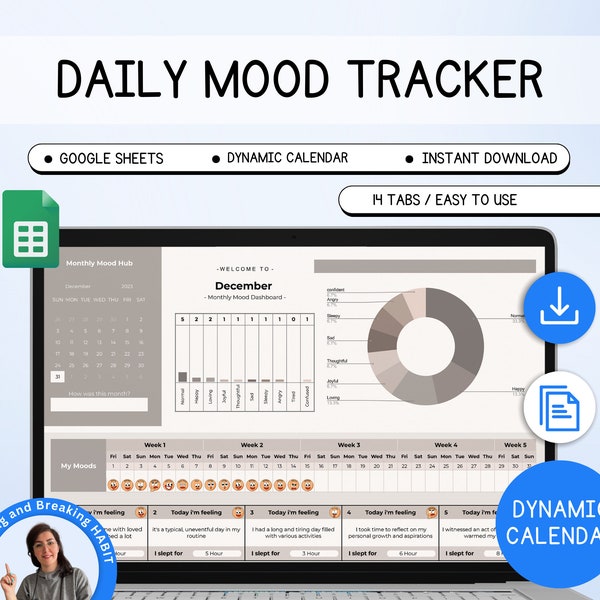 GOOGLE SHEET MOOD Tracker with Emoji Spreadsheet, Google Sheet Sleep Tracker Spreadsheet Template, Yearly Mood Tracker