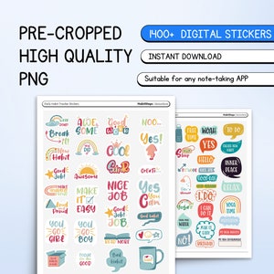 May include: Two sheets of digital stickers with colorful illustrations and text. The stickers include phrases like "Good Job!" "Make it Easy" and "Inner Peace".
