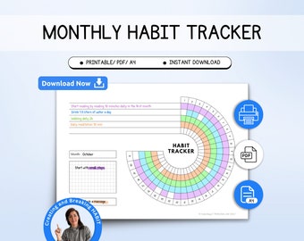 Cirkel gewoontetracker, afdrukbare maandelijkse gewoontetrack, gewoonteuitdaging, motivatieplanner, pdf-A4-sjabloon, directe download