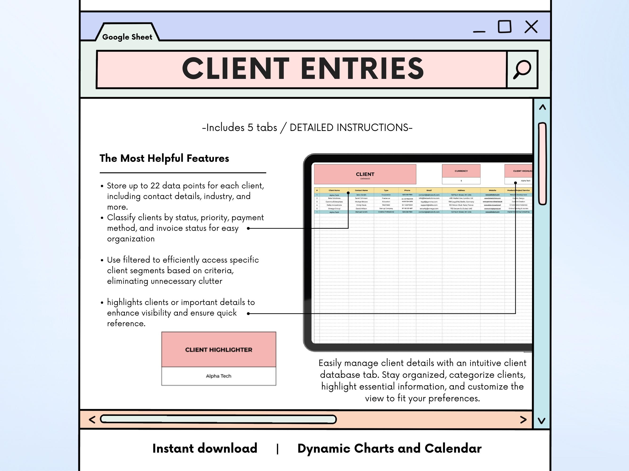 Client Management Spreadsheet Template for Google Sheets (digital ...