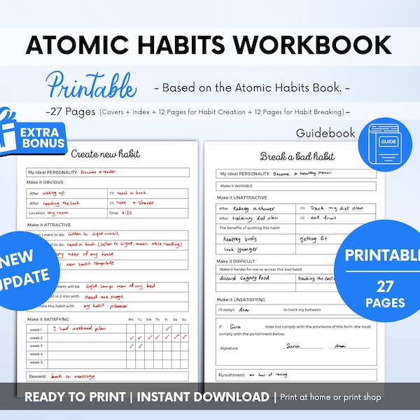 Atomic Habits workbook, Atomic Habit Tracker, Printable Habits Workbook, Daily, Weekly, Monthly habit tracker, Clear Habit tracker