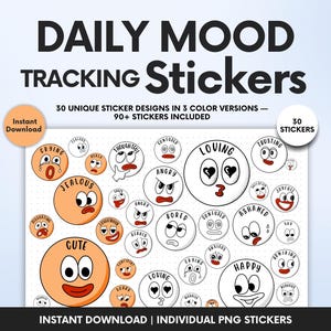 May include: A digital sheet of Daily Mood Tracking Stickers featuring various circular icons with expressive faces and labels like Loving, Crying, Jealous, and Cute. The collection includes 90 stickers in three color versions with text.