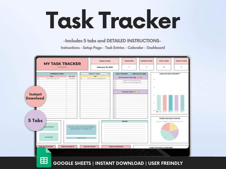 Task Tracker Google Sheets Template: Productivity Planner (digital ...