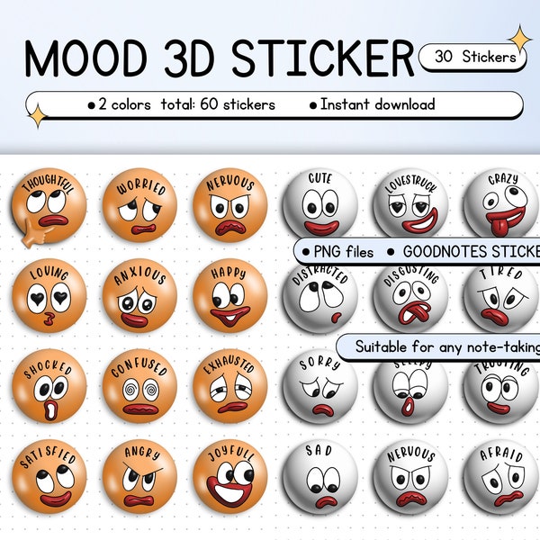 Emoji stickers, Emotions chart stickers, MOOD tracker sickers, Digital sticker Book for Goodnotes, sticker collection book