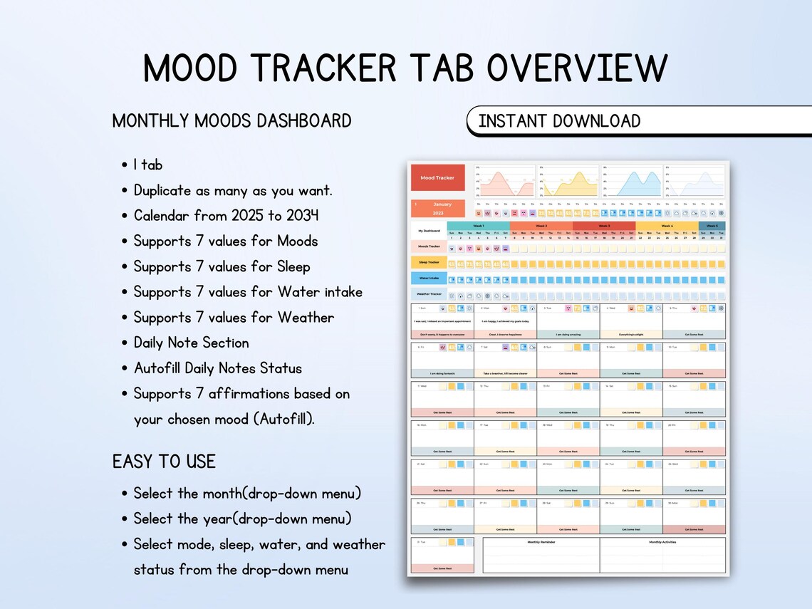 Digital Mood Tracker Spreadsheet: Google Sheets Template (digital ...