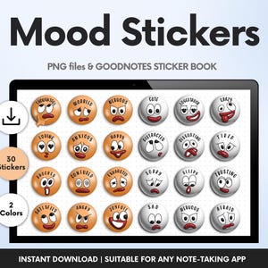 Adesivos para Planejador Digital de Rastreamento de Humor | GoodNotes, Emojis, Humores, Widgets | Adesivos Digitais de Humor | Folha de Adesivos de Humor | Adesivo de Humor Triste
