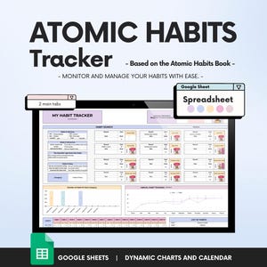 Könnte beinhalten: Ein digitaler Gewohnheitstracker, der auf einem Computerbildschirm angezeigt wird. Der Tracker basiert auf dem Buch "Atomic Habits" und enthält Abschnitte für die Gewohnheitsverfolgung, die Gewohnheitssuche und die jährliche Gewohnheitsverfolgung. Der Text "Google Sheets | Dynamic Charts and Calendar" ist ebenfalls vorhanden.
