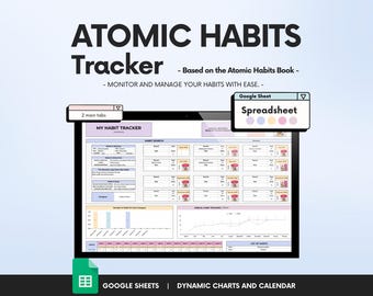 May include: A digital habit tracker displayed on a computer screen. The tracker is based on the "Atomic Habits" book and includes sections for habit tracking, habit search, and annual habit tracking. The image also features the text "Google Sheets | Dynamic Charts and Calendar."