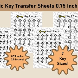Op de afbeelding: Zeven afdrukbare vellen met rustieke sleutelontwerpen voor royal icing. De vellen bevatten zeven verschillende sleutelformaten, variërend van 0,75 inch tot 3,5 inch. De sleutels zijn zwart-wit en perfect voor het decoreren van taarten, koekjes en andere gebak.