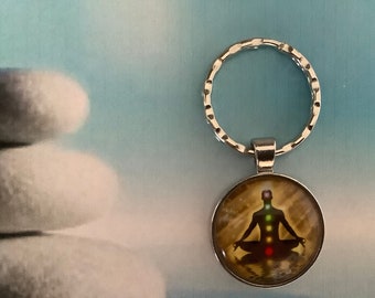 Buddha Yoga Seven Chakra Reiki Healing Meditation Spiritual Symbol Silver Plated Glass Cabochon Key Ring Keyring