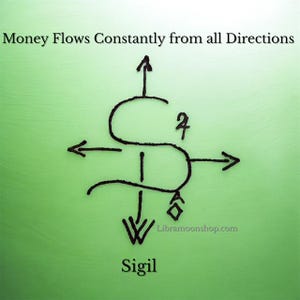 Puede incluir: Un fondo verde con el texto "Money Flows Constantly from all Directions" encima de un sigilo negro. El sigilo es una forma de "S" estilizada con flechas y otros símbolos. La palabra "Sigil" está escrita debajo.