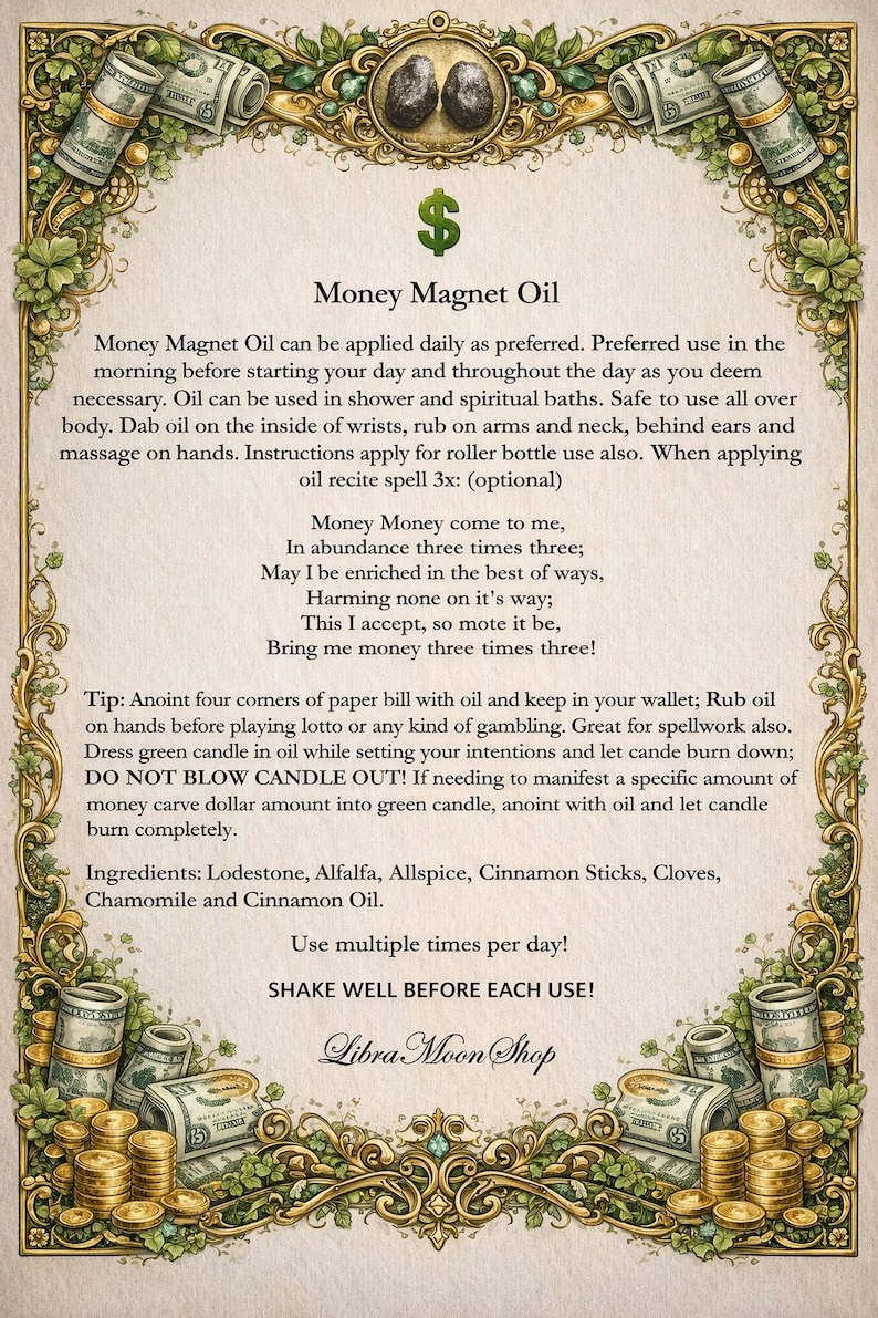 Pode incluir: Cart&atilde;o decorativo com borda dourada e detalhes verdes, com texto "Money Magnet Oil". O design inclui ilustra&ccedil;&otilde;es de rolos de dinheiro, moedas e um s&iacute;mbolo de d&oacute;lar. O cart&atilde;o fornece instru&ccedil;&otilde;es e um feiti&ccedil;o.