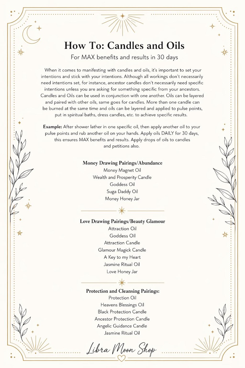 May include: A beige and gold graphic with text detailing the use of candles and oils for manifesting intentions. It provides instructions, examples, and pairings for money, love, and protection rituals.