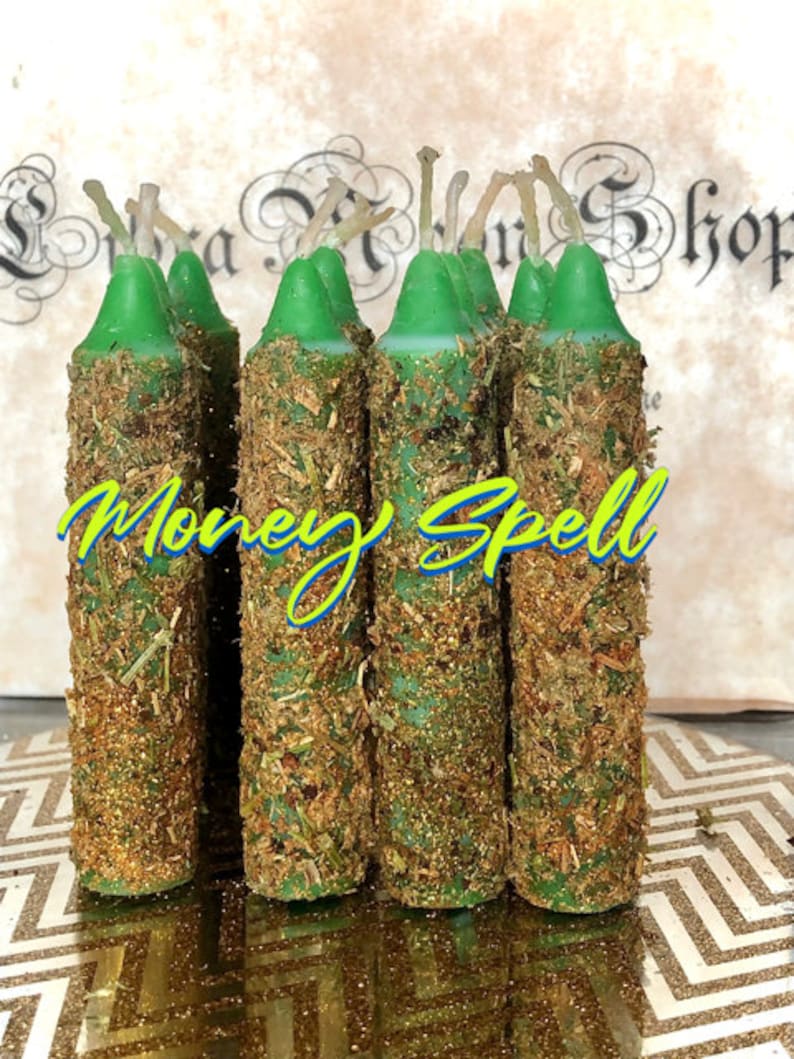 Set of 2 Green Money Spell Candles Money Magnet Candle Money Come To Me Herb Dressed Candle Hoodoo Spell Candle Money Spell image 1