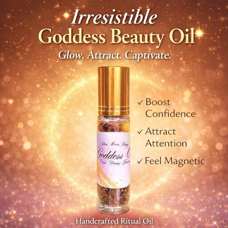 May include: A roll-on bottle of Goddess Beauty Oil with a gold cap and a label that reads "Goddess Oil". The image includes text that says "Irresistible Goddess Beauty Oil" and "Handcrafted Ritual Oil". The background is a warm, glowing colour.