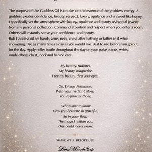 May include: A product description card for "Goddess Oil" with text about confidence and beauty. The card has a glittery, light background with the text "Goddess Oil" at the top. The text includes instructions for use and a poem.