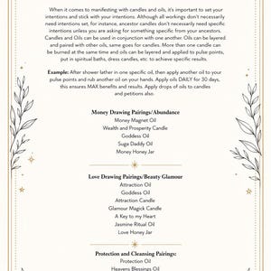 Pode incluir: Um gr&aacute;fico bege e dourado com texto sobre o uso de velas e &oacute;leos para manifestar inten&ccedil;&otilde;es. Inclui instru&ccedil;&otilde;es, exemplos e combina&ccedil;&otilde;es para rituais de dinheiro, amor e prote&ccedil;&atilde;o.