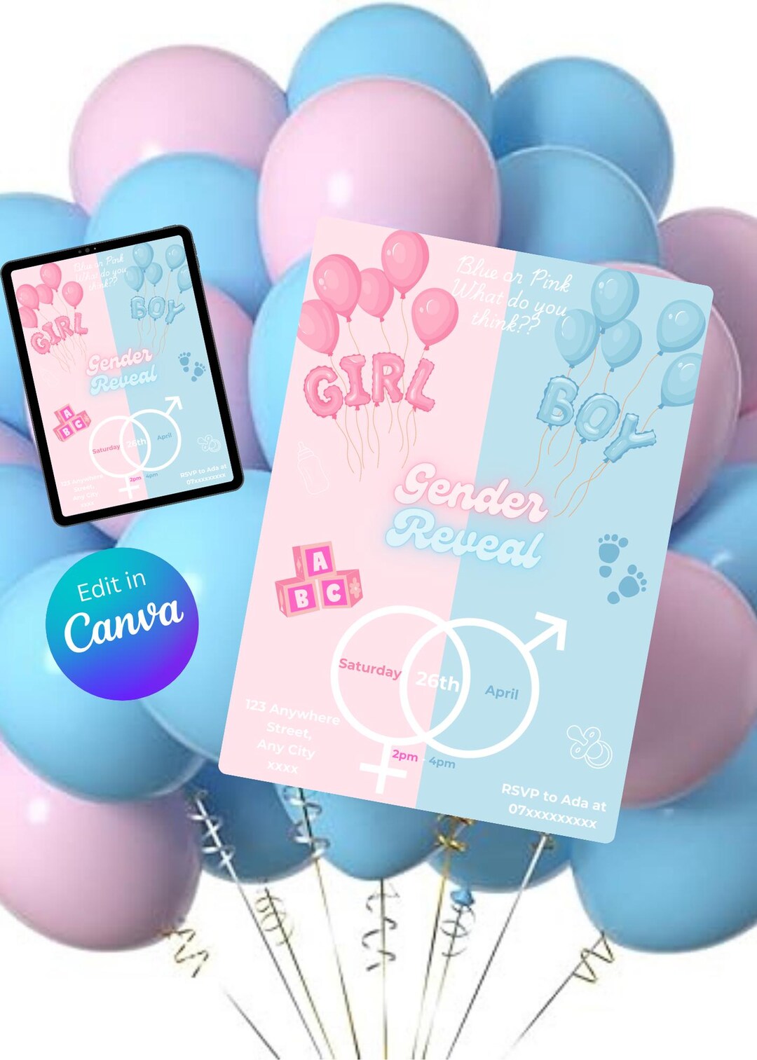 Editable Gender Reveal Party Invitation Boy or Girl, He or She Baby ...