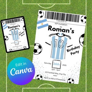 Convite editável para festa de aniversário do Messi Football - Convite para festa de futebol azul e branco para meninos ou meninas - download digital