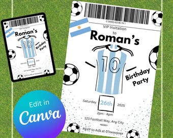 Editable Messi Football birthday party invitation - Boys or Girls blue and white football party invite - digital download