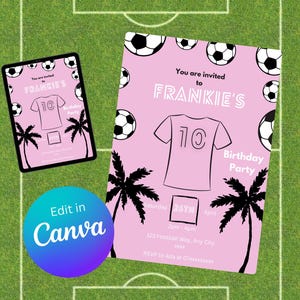 Editable Messi Football birthday party invitation - Girls or Boys pink and black messi football party invite - digital download