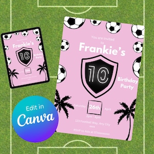 Editable Messi Football birthday party invitation - Girls or Boys pink and black messi football party invite - digital download