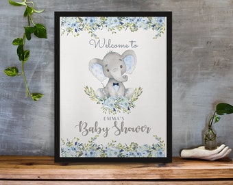 INSTANT Download Baby Elephant Baby Shower Welcome floral blue/simple/editable/digital file/you edit/you print