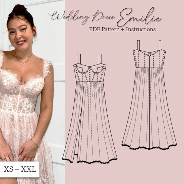 Wedding Dress "Emilie" Pattern Size XS-XXL (eu 34-44) - Instant Download A4 pdf Pattern (Instant Download Sewing Pattern)