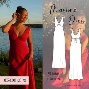 Könnte beinhalten: Ein digitales Schnittmuster für das Maxime-Kleid, bestehend aus einem ärmellosen, bodenlangen Kleid mit V-Ausschnitt und einer Taillenschnürung am Rücken. Das Design enthält technische Strichzeichnungen der Vorder- und Rückansicht in den Größen XXXS-XXXXL (30-48).