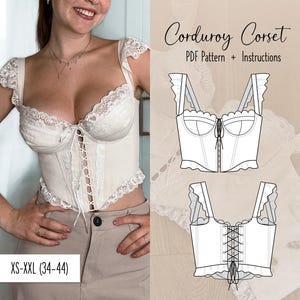 Könnte beinhalten: Ein weißes Spitzenkorsett mit einer Schnürung vorne. Das Schnittmuster enthält Anleitungen zum Nähen eines Cordkorsetts. Das Schnittmuster ist in den Größen XS-XXL (34-44) erhältlich.