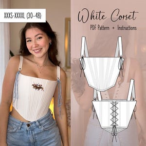 Puede incluir: Patrón de costura de corsé blanco con instrucciones. El patrón es para las tallas XXXS-XXXXL (76-122 cm).