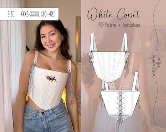 May include: White corset sewing pattern with instructions. The pattern is for sizes XXXS-XXXXL (30-48 inches).