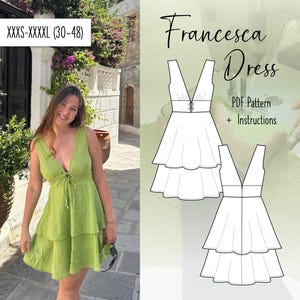 May include: A woman in a lime green dress with a V-neck and tiered skirt. The dress features a tie detail at the bust. The image also shows a pattern for the "Francesca Dress" with instructions, available in sizes XXXS-XXXXL (UK sizes 4-20).