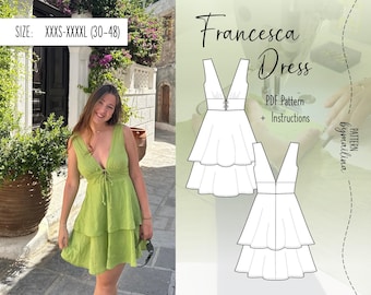 May include: A woman in a lime green dress with a V-neck and tiered skirt. The dress features a tie detail at the bust. The image also shows a pattern for the "Francesca Dress" with instructions, available in sizes XXXS-XXXXL (UK sizes 4-20).
