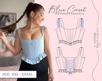 Modèle de corset bleu RETRAVAILLÉ Taille XXS-XXXXL (eu 32-48) - Modèle PDF A4 à téléchargement instantané (Patron de couture à téléchargement instantané)