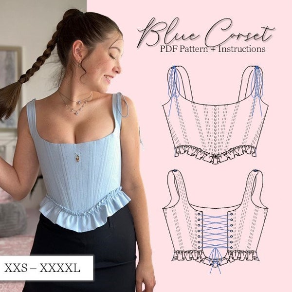 Modèle de corset bleu RETRAVAILLÉ Taille XXS-XXXXL (eu 32-48) - Modèle PDF A4 à téléchargement instantané (Patron de couture à téléchargement instantané)