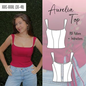 Könnte beinhalten: Ein rotes Tanktop mit quadratischem Ausschnitt und breiten Trägern. Das Bild zeigt auch ein PDF-Muster für ein "Aurelia Top" mit Anweisungen, erhältlich in den Größen XXXS-XXXXL (76-122 cm).