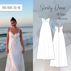 May include: A white maxi dress with a sweetheart neckline and spaghetti straps. The dress is shown on a model standing on a beach. The text "Sicily Dress" and "PDF Pattern + Instructions" is shown in black text on a white background. The text "PATTERN bymailina" is shown in black text on a white background. The text "SIZE: XXXS-XXXXL (30-48)" is shown in black text on a white background.