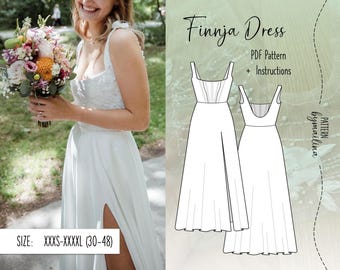 May include: A white wedding dress with a fitted bodice and a flowing skirt. The dress has a front slit and a square neckline. The dress is shown on a model holding a bouquet of flowers. The image also includes a line drawing of the dress, showing the back and front views. The text "Finnja Dress" and "PDF Pattern + Instructions" is shown above the line drawing. The text "SIZE: XXXS-XXXXL (30-48)" is shown below the line drawing.